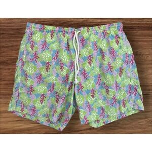 Lilly Pulitzer Swim Trunks Mens XL Coral Fish Print Blue Green Shorts Pockets